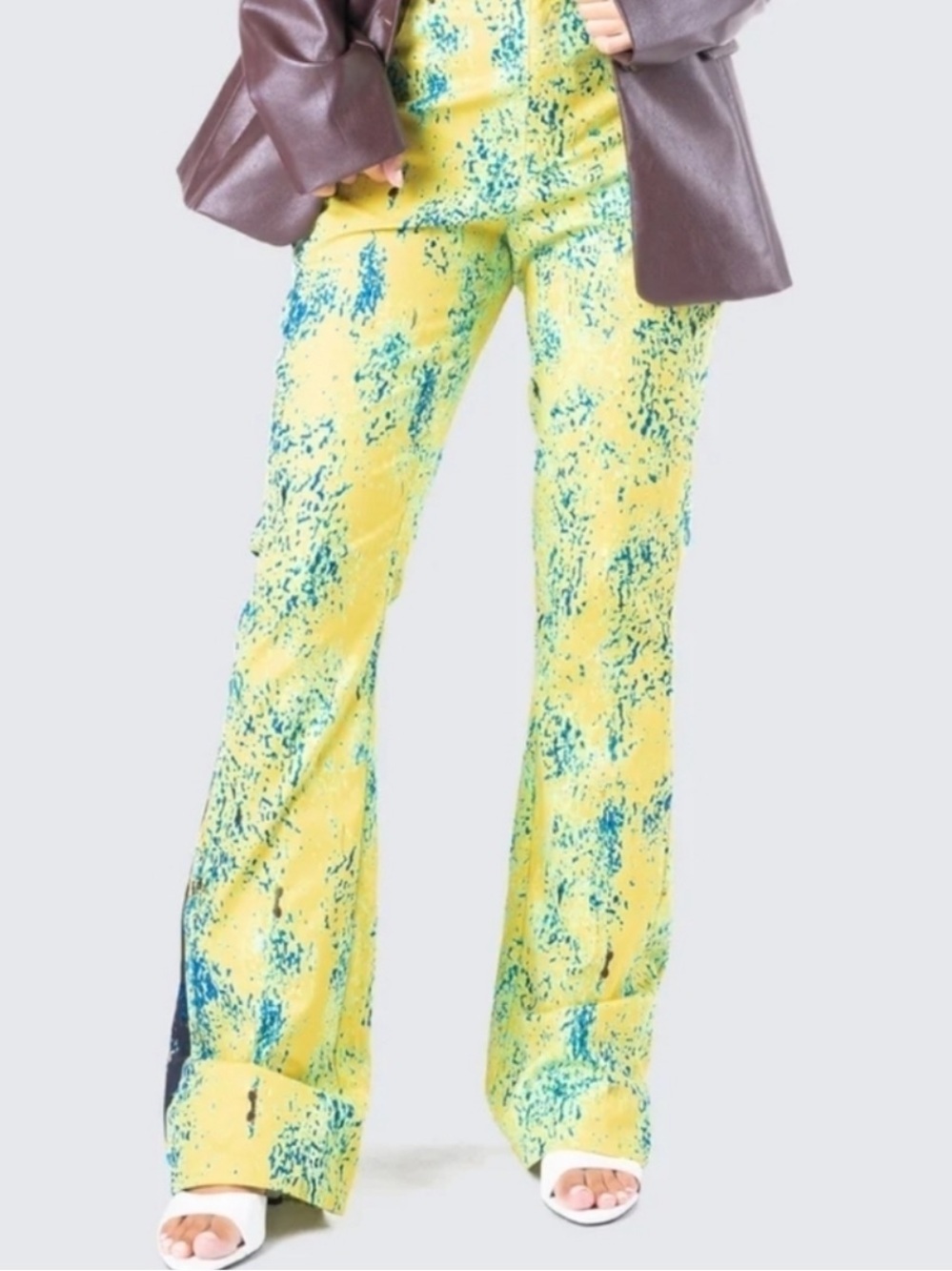 Finesse Yellow and Teal Speckled Boot-Cut Pants